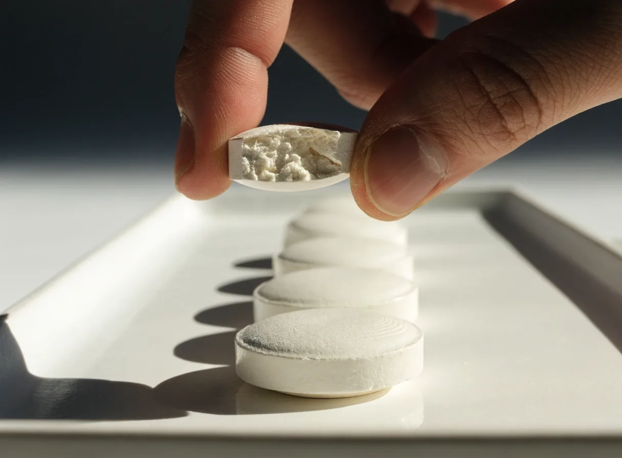 A round tablet snapped in half showing its fracture plane, beside intact tablets on white stock