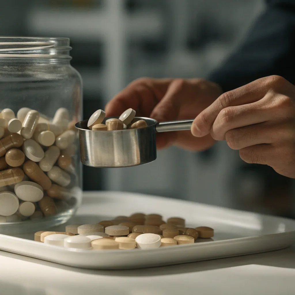 A stainless specimen tray of round tablets, oval caplets and softgels arranged in rows