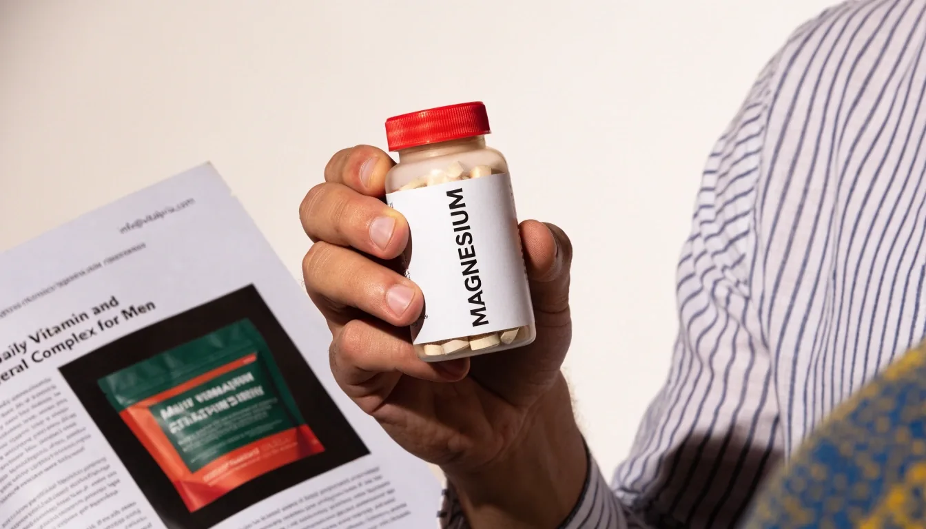 Halved mineral tablets and a stainless capsule tray on a zinc-white board under hard noon light