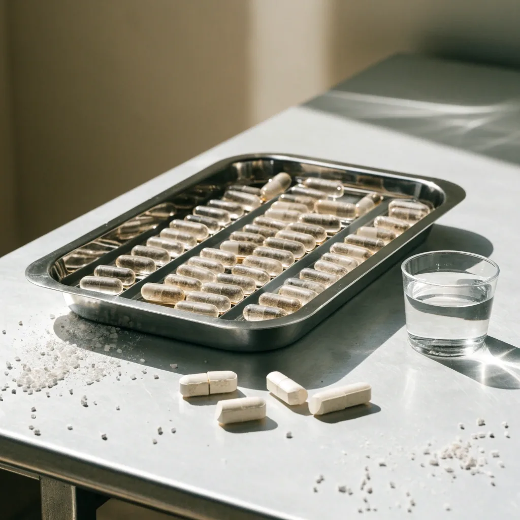 Overhead noon-lit cutting board with a stainless capsule tray, halved tablets and a glass of water