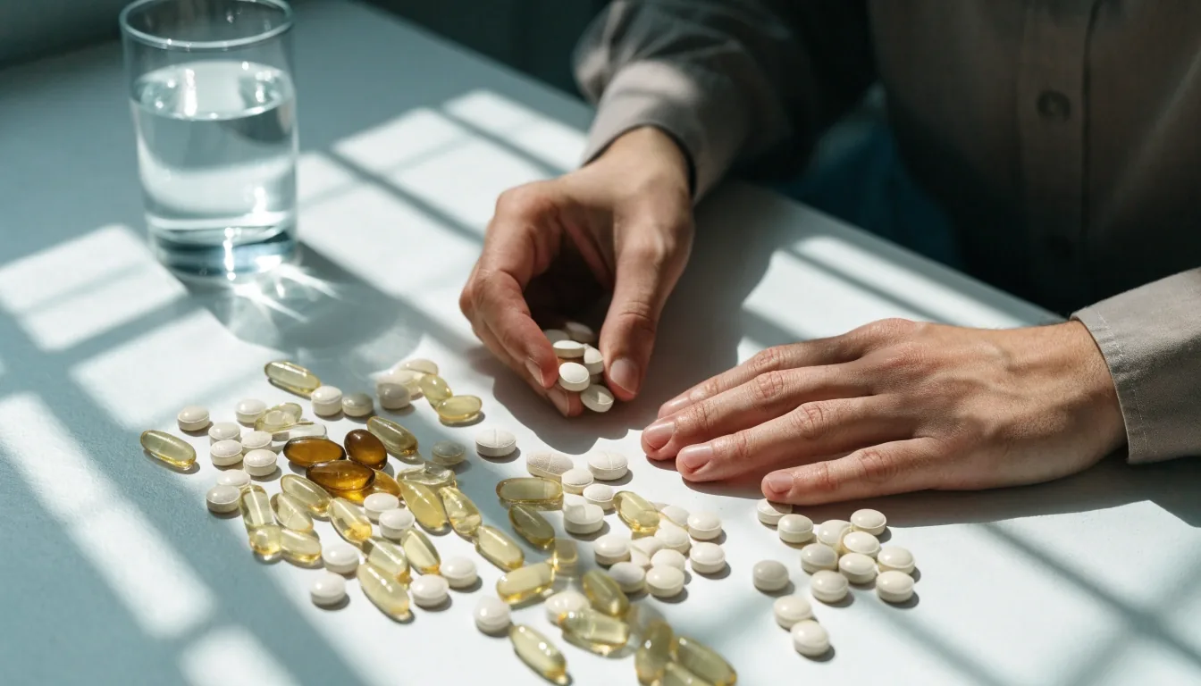 An overhead noon-lit tabletop with an unlabelled stainless tray of mixed tablet formats and a held capsule above it
